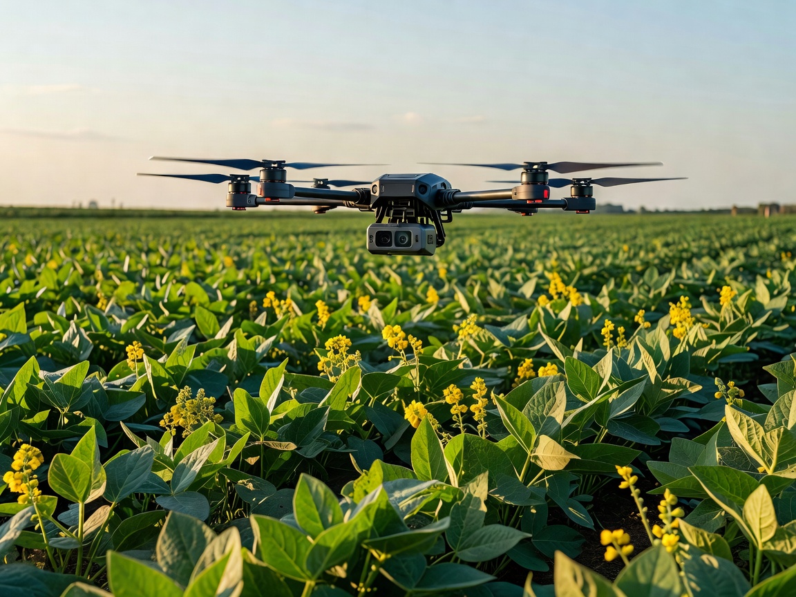 Agricultural drone flying low over a crop canopy capturing multispectral data