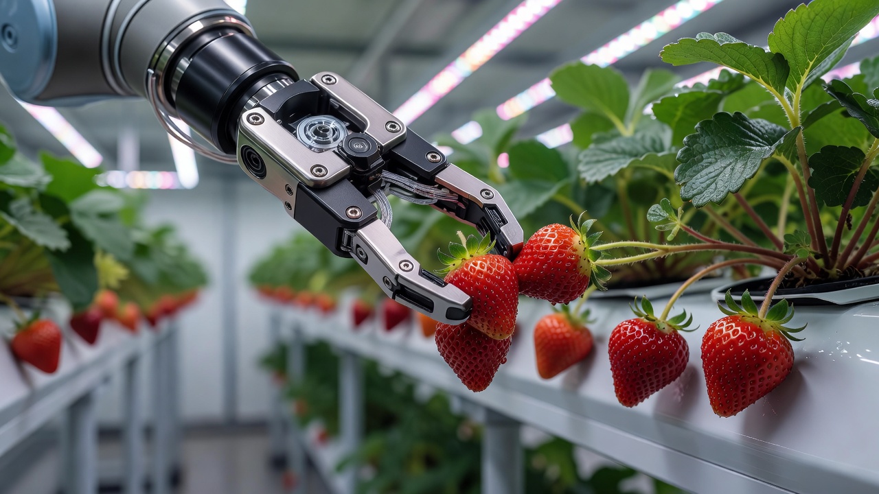 Close up of a robotic gripper harvesting ripe red strawberries in an indoor farm