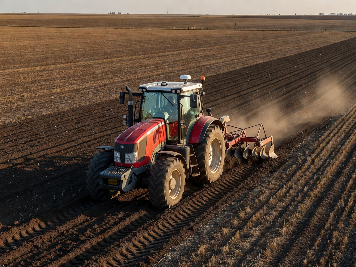 Driverless tractor equipped with GPS technology plowing a field