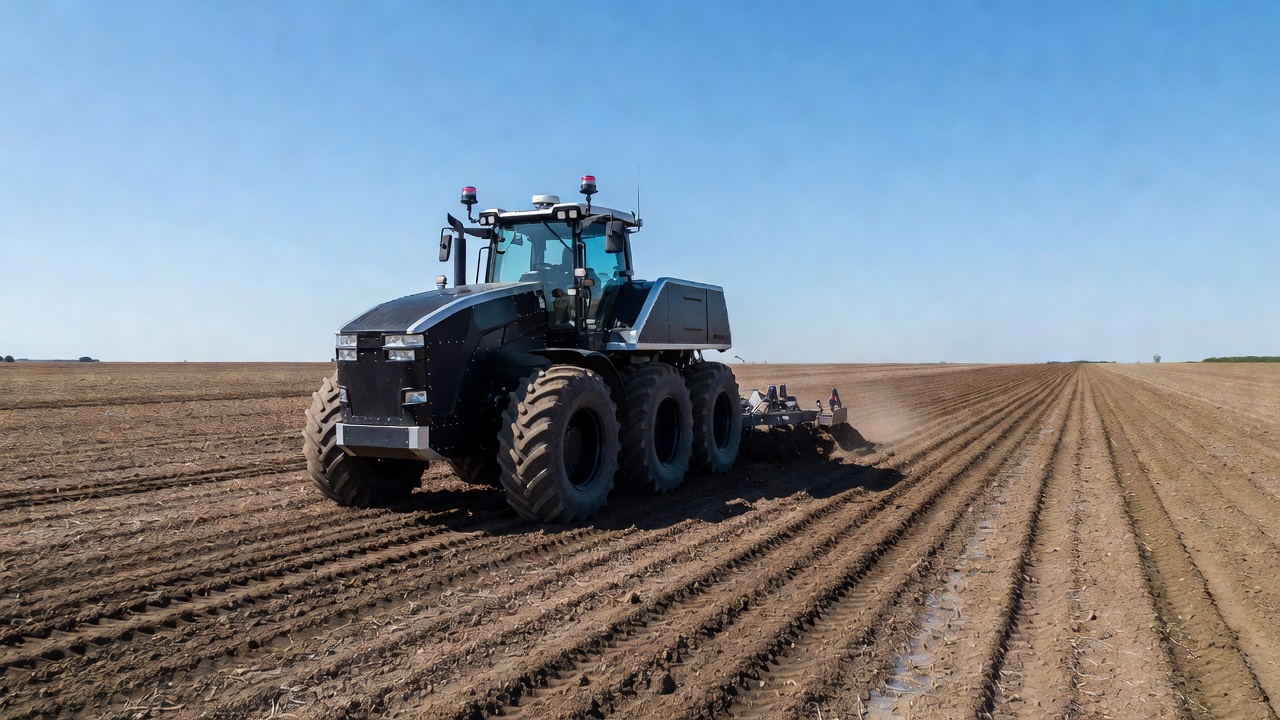 Large autonomous tractor working a vast field beneath a clear sky