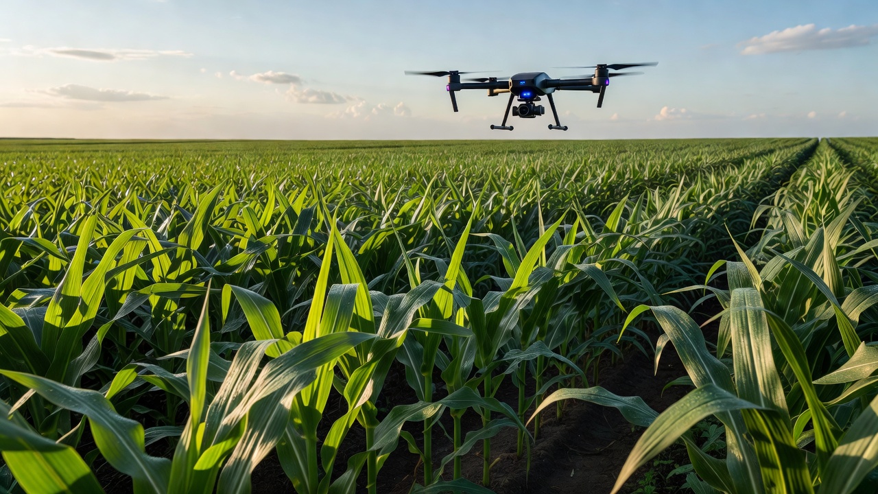 Quadcopter drone hovering over a green cornfield analyzing crop health