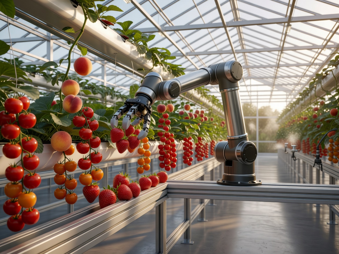 Robotic arm gently picking soft fruits in a modern greenhouse