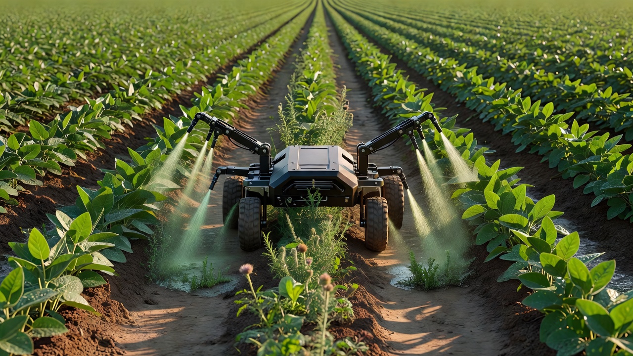 Robotic weeder navigating between rows of crops applying targeted herbicide