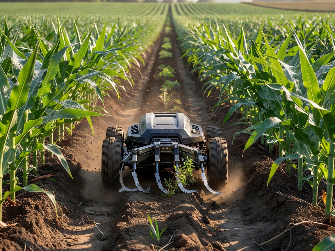 Small four-wheeled robotic weeder driving between crop rows